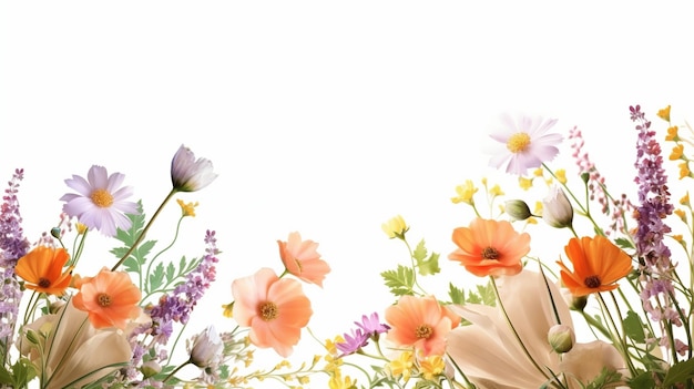 Belle composition de fleurs et de feuilles printanières sur fond blanc avec espace de copie Ai génératif