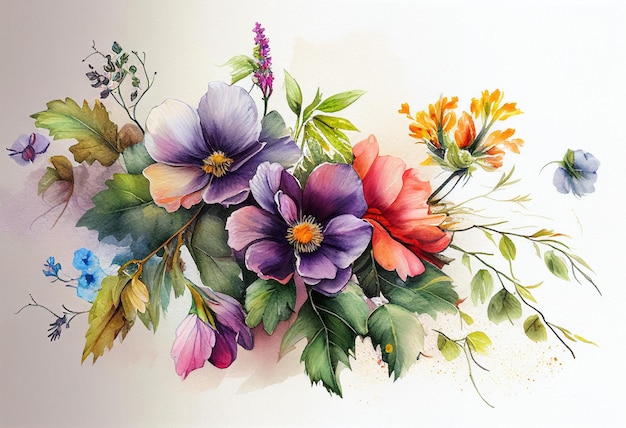 Belle composition florale avec des fleurs Illustration aquarelle dessinée à la main générative ai
