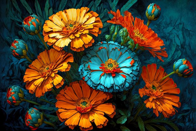 Belle composition peinte de fleurs de souci bleu orange