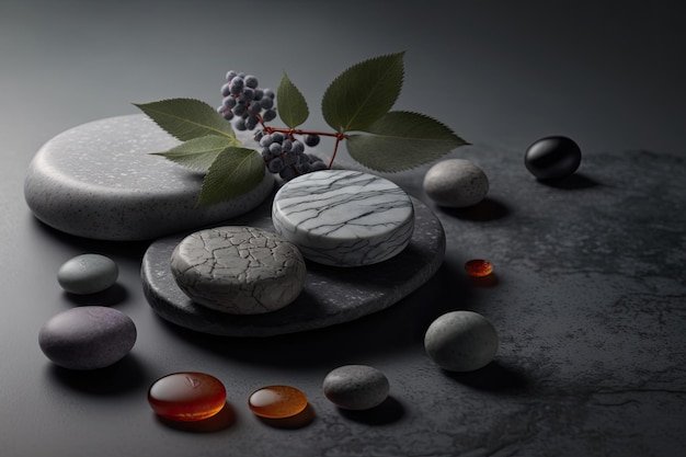 Belle composition avec des pierres de spa sur une table en marbre gris Illustration AI Generative