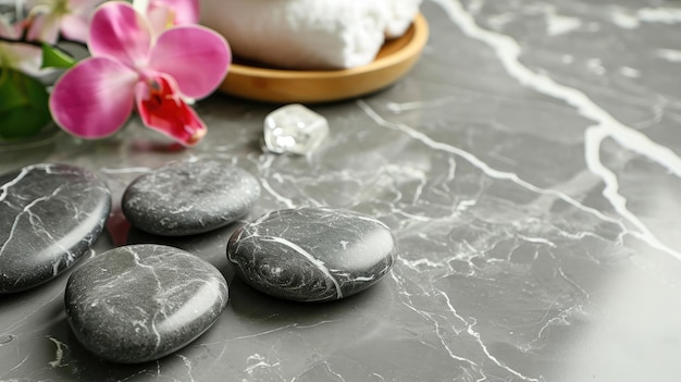 Belle composition avec pierres de spa sur table en marbre gris