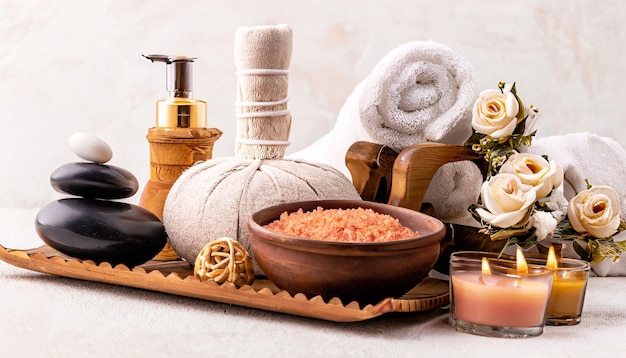 Belle composition de spa avec fleur de plumeria sur table en bois Espace pour le texte