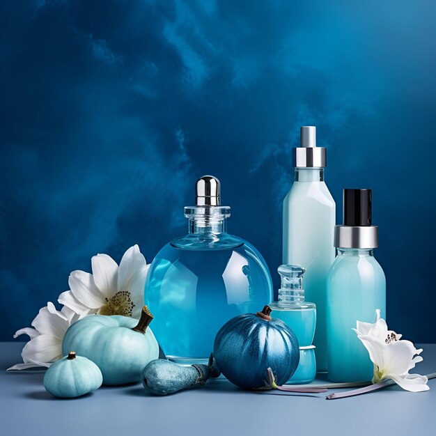 Belle composition de spa sur fond bleu Produits cosmétiques naturels de soins de la peau générés par l'IA