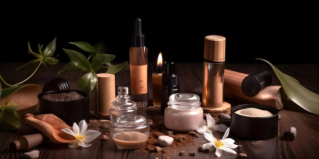 Belle composition de spa sur fond sombre Produits cosmétiques naturels de soins de la peau générés par l'IA