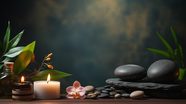Belle composition de spa avec des lys sur fond brun un couple de serviettes avec des bougies et des orchidées pour un massage naturel