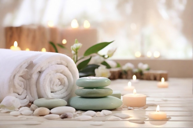 Belle composition de spa par serviette bougie et fleurs avec des produits de beauté