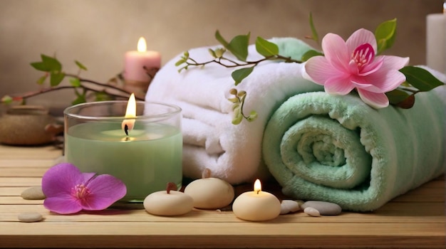 Belle composition de spa par serviette bougie et fleurs avec des produits de beauté