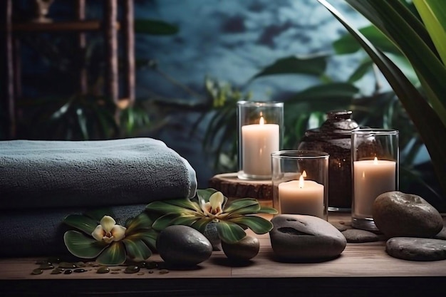 Belle composition de spa sur la table de massage dans le centre de bien-être