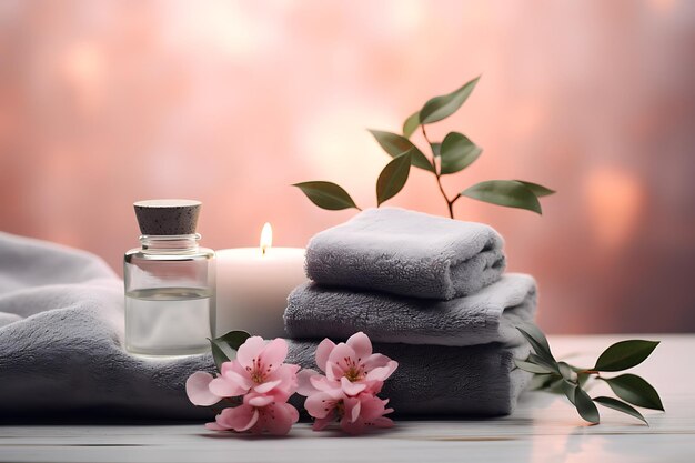 Belle composition de spa sur la table de massage serviette sur la fougère avec des bougies avec un fond flou