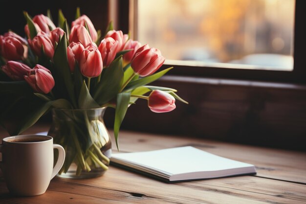 Une belle composition Tulipes et bloc-notes sur une table en bois rustique