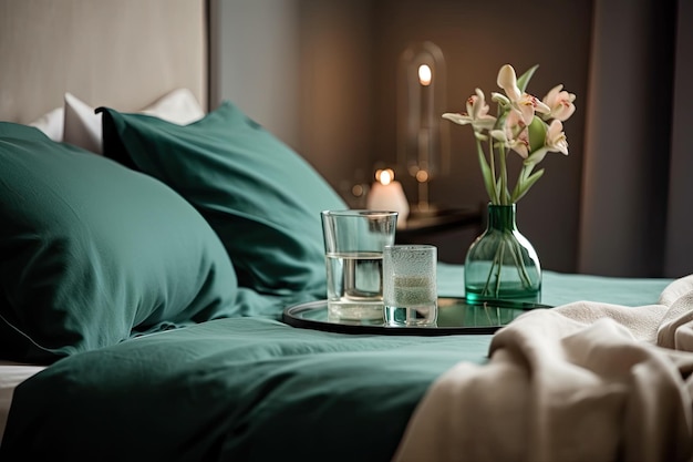 Belle conception de chambre avec une literie beige et vert émeraude avec des fleurs dans un vase en forme de bouteille à la mode à côté d'une table de chevet moderne avec une horloge