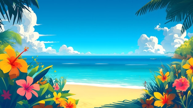 Belle conception de modèle d'été avec des fleurs tropicales sur le fond de la plage du paradis