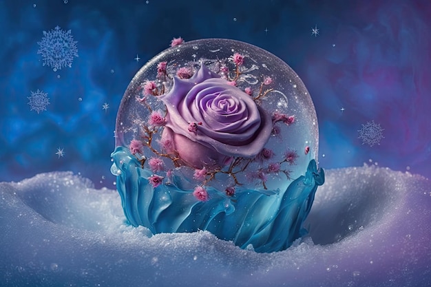 Belle confection romantique de rose de glace sur fond violet bleu avec des flocons de neige et un glaçon créé