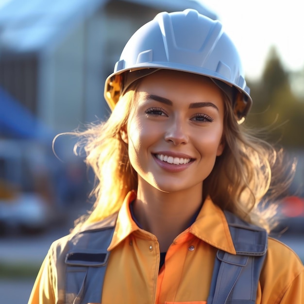 Belle confiance femme constructeur travailleur en uniforme et casque de sécurité souriant fête du travail