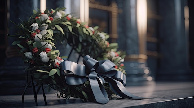 Une belle couronne de fleurs avec un décor de ruban Memorial Day