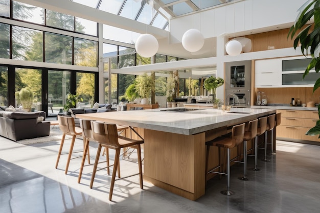 Belle cuisine dans un intérieur de maison contemporain moderne de luxe avec île et chaises