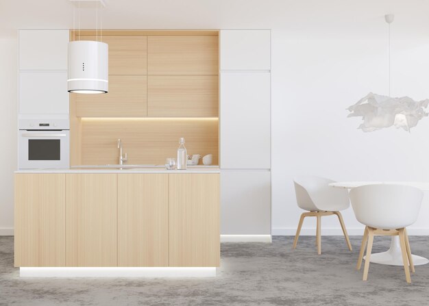 Belle cuisine lumineuse et moderne Meubles de cuisine blancs et en bois Table à manger avec chaises Intérieur de la maison dans un style scandinave contemporain Rendu 3D