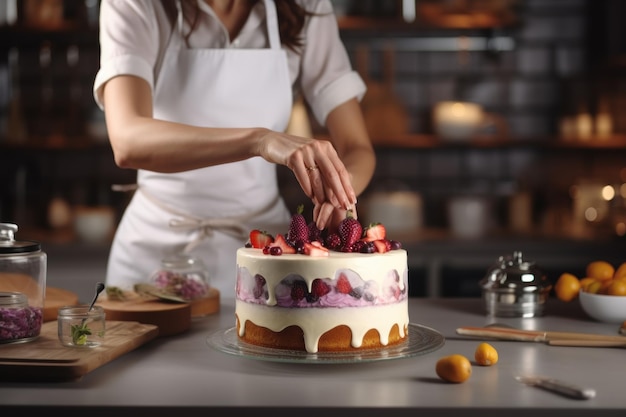 Une belle cuisinière prépare un dessert et fait un gâteau dans la cuisine.