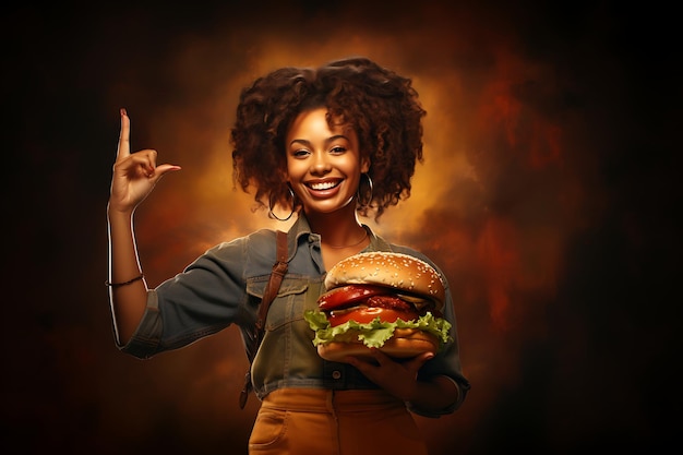 une belle dame africaine avec un délicieux hamburger