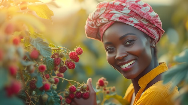 Une belle dame africaine en extase tirant des framboises dans la cour sur le décor de l'été et de l'espace IA générative