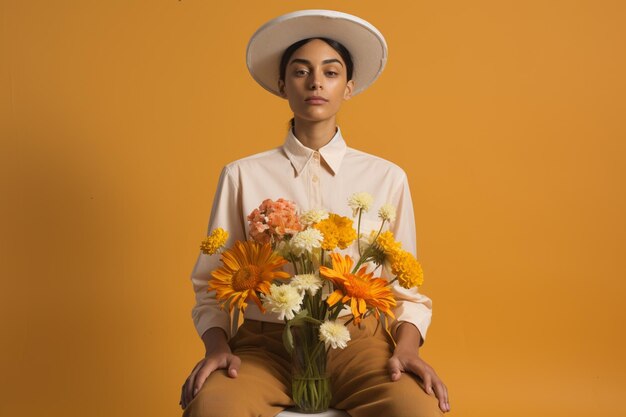 Photo une belle dame avec des fleurs debout devant un mur aux couleurs vives sur fond de style de mode