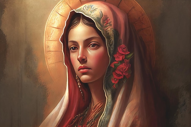 Belle dame de guadalupe mexique saint sainte foi illustration affiche de style sérigraphie vintage