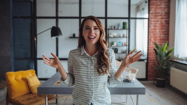 Une belle dame à l'intérieur d'un appartement moderne se prépare à voyager