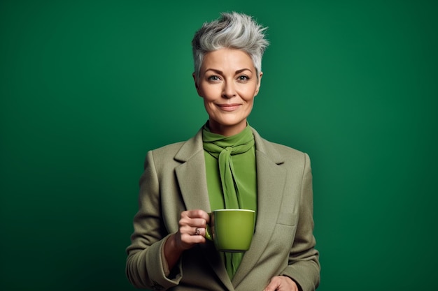 Photo une belle dame mature apprécie le thé dans un décor verdoyant dans la publicité de produit bestage générée par l'ia