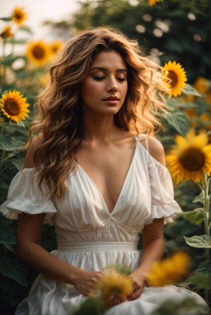 belle dame vêtue d'une robe blanche sur un champ de tournesols