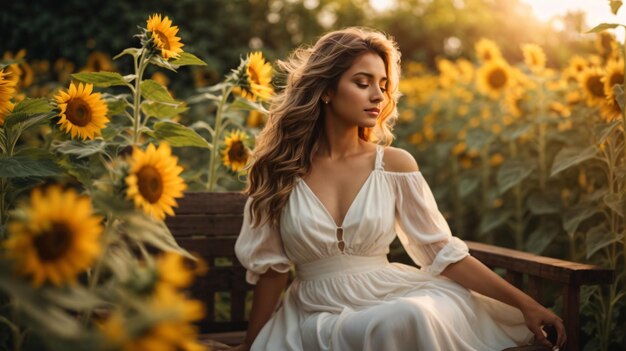 belle dame vêtue d'une robe blanche sur un champ de tournesols