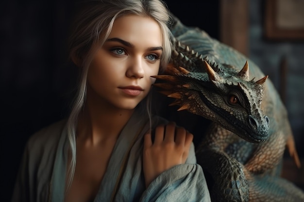 Photo belle et dangereuse fille mère de dragon