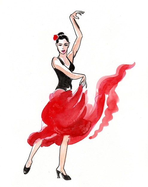 Belle danseuse de Flamenco. Dessin à l'encre et à l'aquarelle