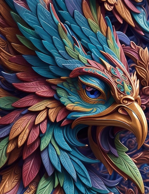 Belle décoration colorée très détaillée incroyablement ornée d'un visage de phénix 3d