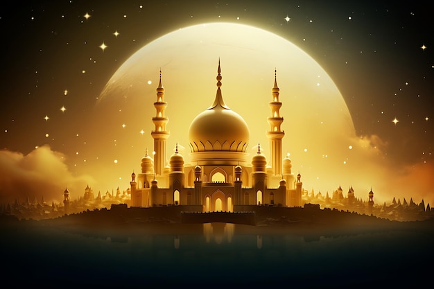 Belle décoration de la lune et de la mosquée à l'arrière-plan du ramadan kareem