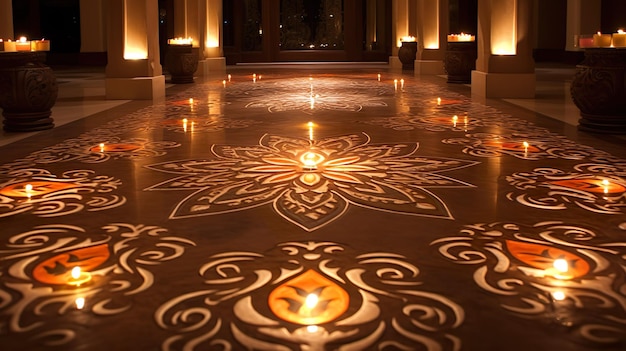 Une belle décoration de sol de Diwali avec Diya et Rangoli Célébration de Diwali à l'aide de lumières