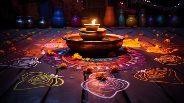 Une belle décoration de sol de Diwali avec Diya et Rangoli Célébration de Diwali à l'aide de lumières