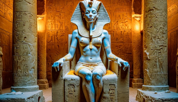 La belle déesse égyptienne, le pharaon Hatshepsut, est assise sur un trône doré dans le temple de Dendera.