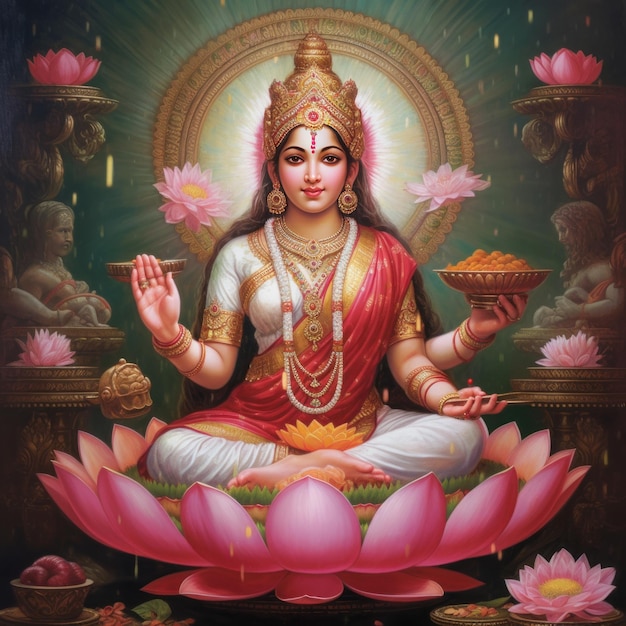 Belle déesse hindoue lakshmi assise lotus IA générative