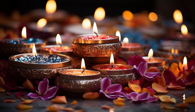 Belle diwali diya avec des bougies allumées sur fond sombre