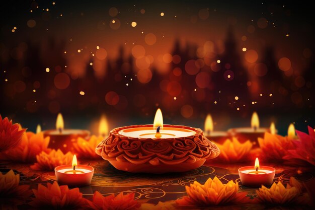 Belle diwali diya et bougies brûlantes sur un fond coloré Diwali fête des lumières arrière-plan généré par l'IA