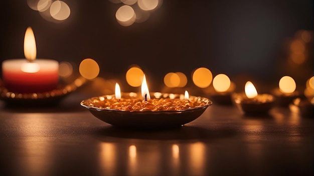Belle diya diwali avec des bougies allumées sur fond sombre