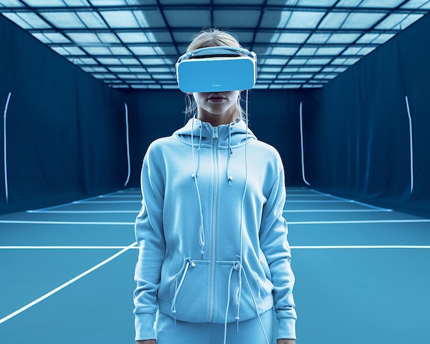 Une belle égalité de culture modèle utilisant un grand masque de réalité virtuelle dans un champ avec des vêtements d'hiver