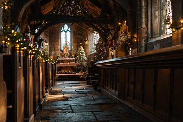 Une belle église avec un vitrail et un arbre de Noël