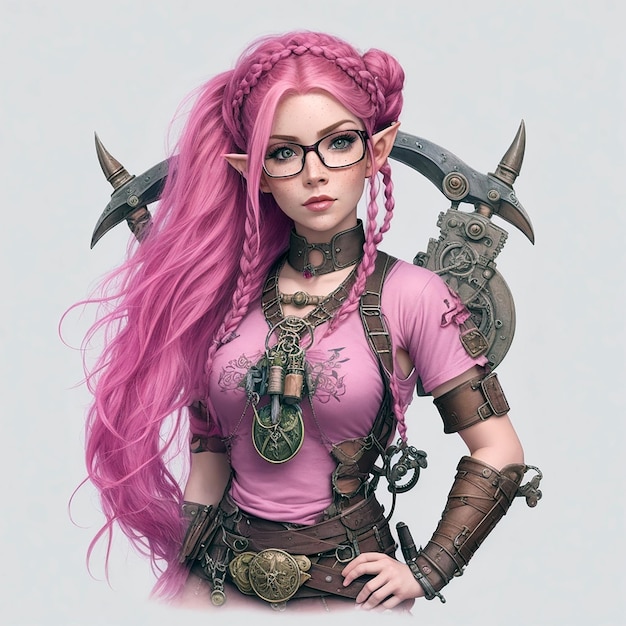 Belle elfe posant avec des taches de rousse et des lunettes et de longs cheveux roses tressée guerrière steampunk