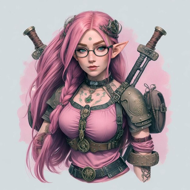 Belle elfe posant avec des taches de rousse et des lunettes et de longs cheveux roses tressée guerrière steampunk