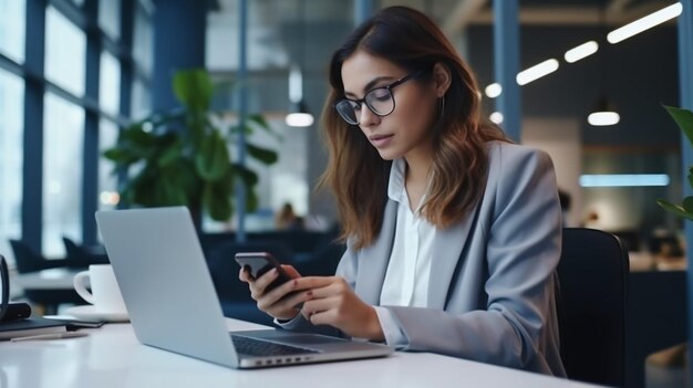 Une belle employée de bureau brune fait une pause-café dans un bureau confortable.