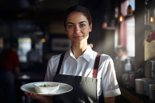 Une belle employée de café portant un tablier et souriant