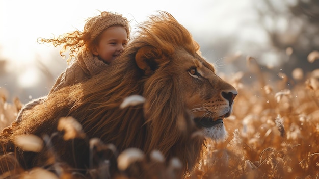 Une belle enfant heureuse à cheval sur un lion.