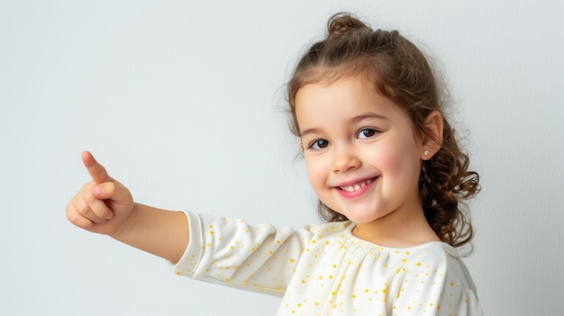 Belle enfant pointant vers le côté souriant sur un fond blanc