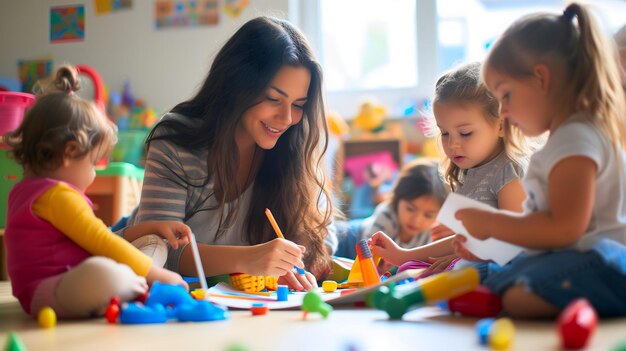 Photo belle enseignante et un groupe de tout-petits assis sur le sol dessinant à l'aide de papier et de crayon autour de beaucoup de jouets à la maternelle